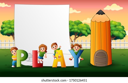 Children with play text in the nature