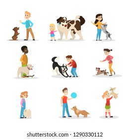 Children play with their dogs set. Collection of happy kid and pet spend time together. Friendship between animal and children. Isolated vector illustration in cartoon style