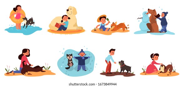 Children play with their dogs set. Collection of happy kid and pet spend time together. Friendship between animal and children. Isolated vector illustration in cartoon style
