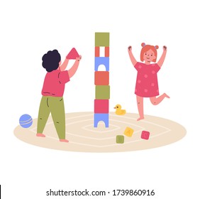 Children play together, build a tower of cubes.Block game for children.Brother and sister spend time together.Hand drawn style.Character design.Colorful vector illustration in flat cartoon style.