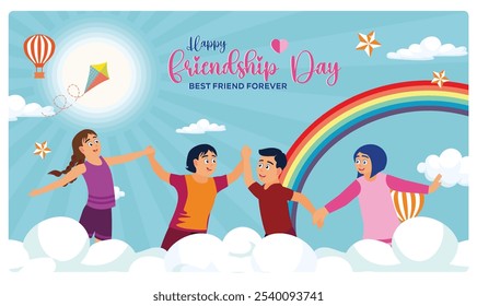 As crianças brincam juntas felizes. Celebrando o Dia da Amizade com nuvens brancas e um fundo de arco-íris. Conceito do Dia da Amizade. Ilustração de vetor plano.