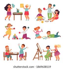 Children play together. Isolated child playing, funny childish teamwork. Friends in creative lab, little girl boy toy hobby decent vector set