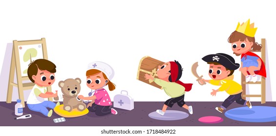 Children play together in kinder garden. Kids doing pirates role play. Preschool kids have fun. Children doctors examining teddy bear with stethoscope. Vector illustration.