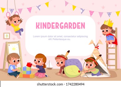 Children Play Together In Kinder Garden. Kids Doing Pirates Role Play. Preschool Kids Have Fun. Children Playing Designer Construction Cubes, Developmental Constructor. Vector Illustration.