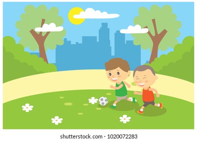 children play together in the park, vector illustrations