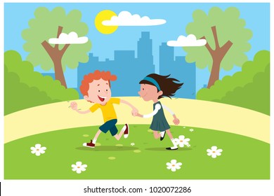 children play together in the park, vector illustrations