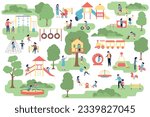 Children play in town playground in park. Kids outdoor activities, walking with mother and father. Cartoon flat kindergarten, recent vector scene