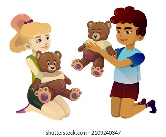 Children play with toy bears. Color vector illustration isolated on white background.