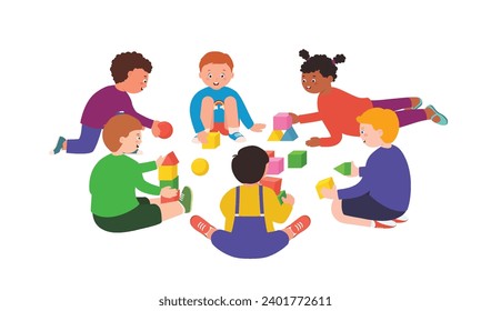 Children play with toys with cubes, rings, and balls with each other. Little preschool children have fun while playing.