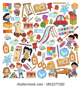 Children play with toys in the kindergarten. Kids playground. Education, creativity, imagination.