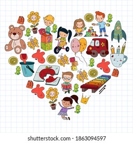 Children play with toys in the kindergarten. Kids playground. Education, creativity, imagination.