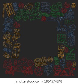 Children play with toys in the kindergarten. Kids playground. Education, creativity, imagination.