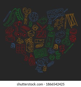 Children play with toys in the kindergarten. Kids playground. Education, creativity, imagination.