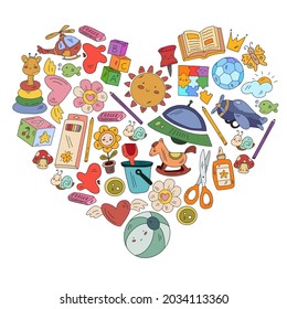 Children play with toys in the kindergarten. Kids playground. Education, creativity, imagination.