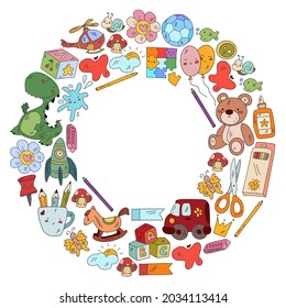 Children play with toys in the kindergarten. Kids playground. Education, creativity, imagination.