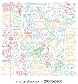 Children play with toys in the kindergarten. Kids playground. Education, creativity, imagination.