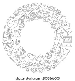 Children play with toys in the kindergarten. Kids playground. Education, creativity, imagination.