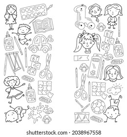 Children play with toys in the kindergarten. Kids playground. Education, creativity, imagination.