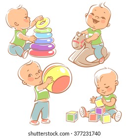 Children play with toys. Little baby boy riding a wooden horse.  Kid with pyramid, boy holding a ball. Baby builds house of cubes. Toys and games for one year old kid. Colorful vector illustration.