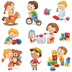 Children Play With Toys. Little Girl Riding A Wooden Horse, Hugging A Teddy Bear, Plays With A Doll, Boy Sitting On A Tricycle, Playing With A Toy Car, Bangs The Drum, Builds A House From Cubes. Set