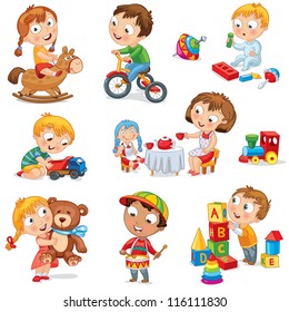 Children play with toys. Little girl riding a wooden horse, hugging a teddy bear, plays with a doll, boy sitting on a tricycle, playing with a toy car, bangs the drum, builds a house from cubes. Set