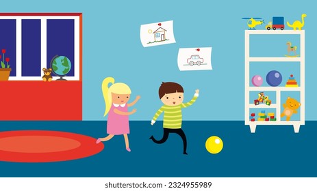 Children play with toys in the room. Flat design vector illustration.