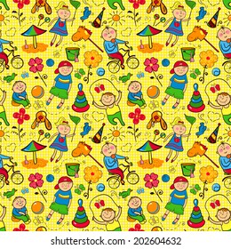 Children play with toys, vector seamless pattern