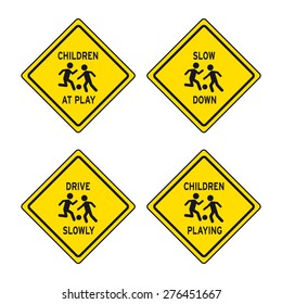 Children At Play Traffic Sign Vector Set Caution Kids Zone