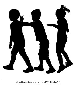 Children play train game vector silhouette illustration isolated on white background. Group of ten running in the park kids, boys and girls, plays a train game by holding shoulder of the ahead child.