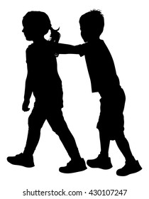 Children play train game vector silhouette illustration isolated on white background. Teen kids running in the park, boy and girl, plays a train game by holding shoulder of the ahead child.