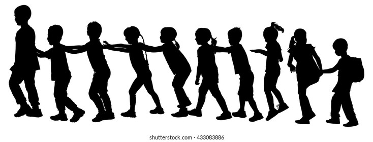 Children play train game vector silhouette illustration isolated on white background. Group of ten running in the park kids, boys and girls, plays a train game by holding shoulder of the ahead child.