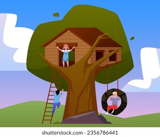 Children play in tree house or toy tree hut, flat cartoon vector illustration. Summer landscape background with kids have fun in yard or playground tree house.