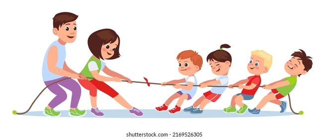 Children play tug of war with adults. Family pulls rope. Competitive game. Kids gaming sports and activities. Strength contest. Teenagers and parents tournament. Splendid