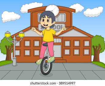 Children play unicycle and juggling at the school cartoon vector illustration