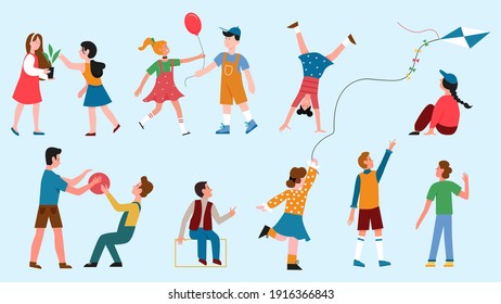 Children play vector illustration set. Cartoon happy boys and girls characters playing different fun games together collection, child flying kite outdoors, holding houseplant, jumping with ball