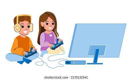 children play video game vector. kid boy girl, home family console, player children play video game character. people flat cartoon illustration