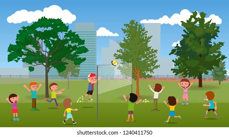Children play volleyball in the city park. Vector illustration, flat design style.