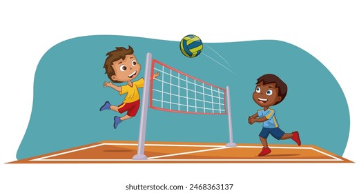 children play volleyball. Volleyball illustration. Vector illustration.