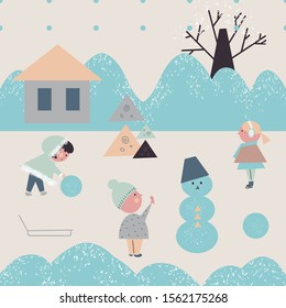 Children play at winter playground. Kids make a snowman. Winter activities. Children characters in winter time - Vector