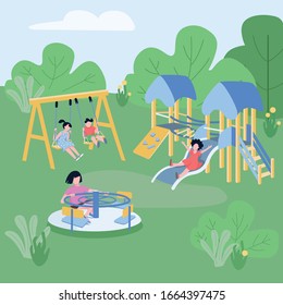 Children play zone flat color vector illustration. Boys and girls having fun outdoors, preschoolers relaxing on playground 2D cartoon characters with trees and flowers on background