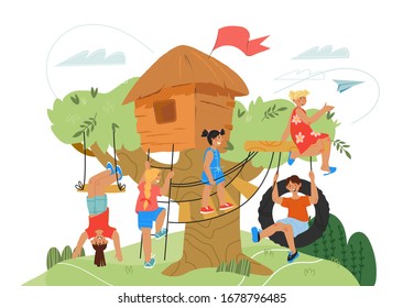 Children playground background with treehouse and playing boys and girls. Kids summer camping or kindergarten game ground for activities and leisure. Flat vector illustration isolated.
