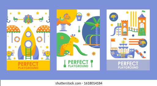 Children playground banner, vector illustration. Startup project for perfect playground, advertisement flyers in flat style. Cute fun attractions for kids, kindergarten active leisure, slide and swing