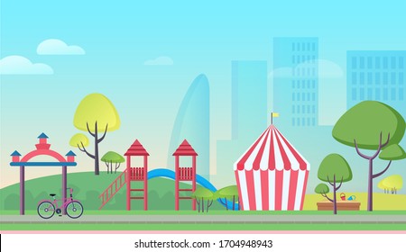 Children playground in big city cartoon flat landscape background vector illustration. Colorful attractions, striped tent, trees, playful slides, sandbox with tiny baskets, skyscrapers in mist