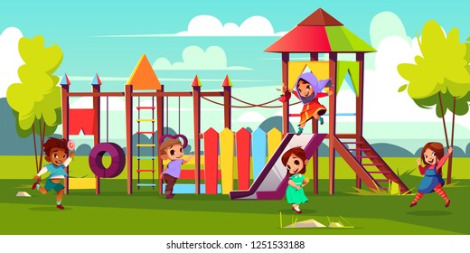 Children playground cartoon vector illustration with multinational, preschooler kids characters running and having fun in park. Caucasian, african-american and indian boys and girls playing together