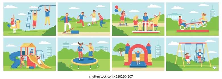 Children playground color icon set children run, crawl around the playground ride the swings carousel and jump on the trampoline vector illustration