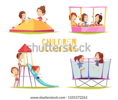 Children playground design concept set with four isolated images of playground equipment and characters of kids vector illustration