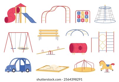 Children playground. Different colored swings and slides. Recreation area and children playground. Vector illustration