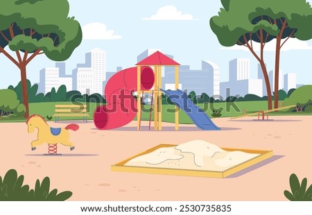 Children playground. Different colored swings and slides. Recreation area and children playground. Vector illustration