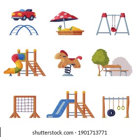Children Playground Elements with Slide, Swings and Ladders Vector Set