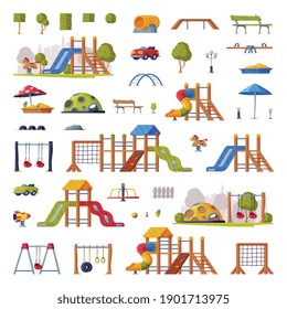 Children Playground Elements with Slide, Swings and Ladders Vector Set